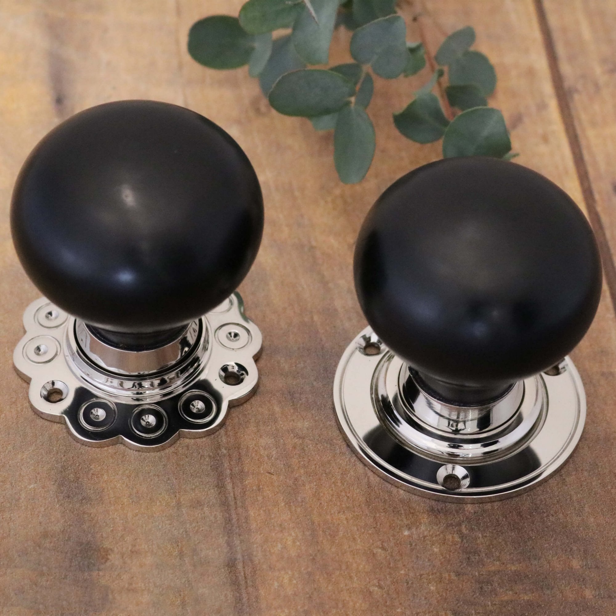Ebony Bun Door Knobs - Nickel Rose