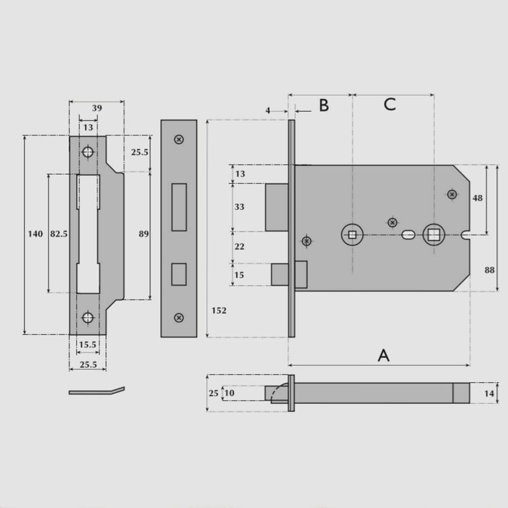 Horizontal Bathroom Mortice Sashlock (UK)