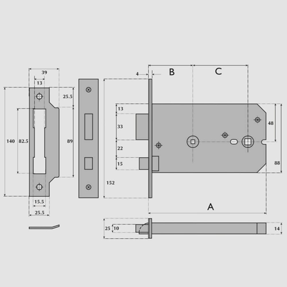Horizontal Bathroom Mortice Sashlock (UK)