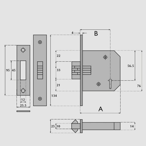 3 Lever Mortice Sliding Door Lock (UK)