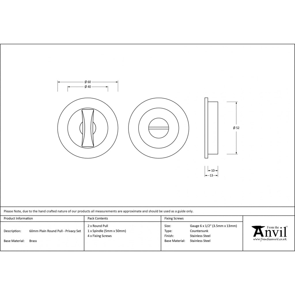 Aged Brass Plain Round Sliding Door Pull - Privacy Set