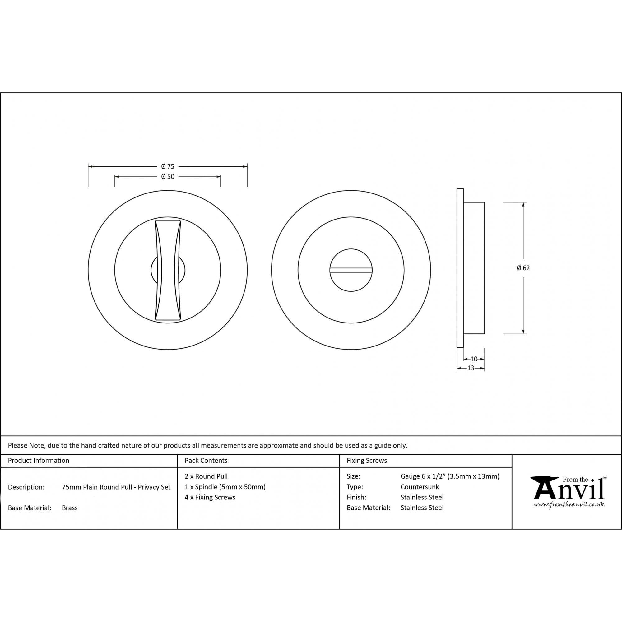 Aged Brass Plain Round Sliding Door Pull - Privacy Set