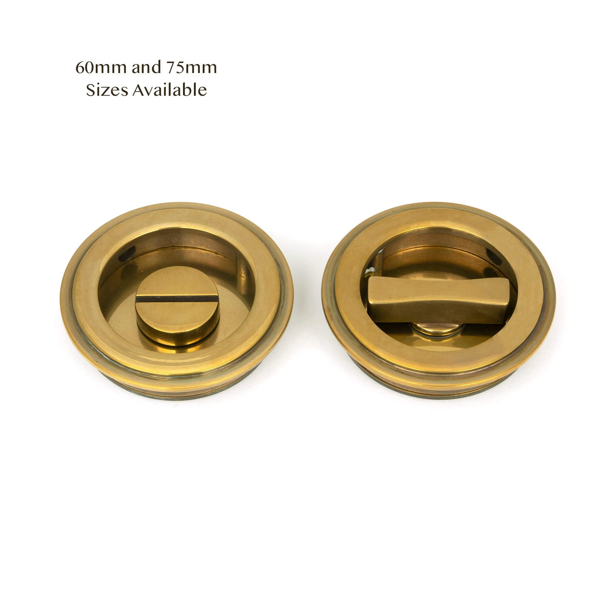 Aged Brass Art Deco Round Sliding Door Pull - Privacy Set