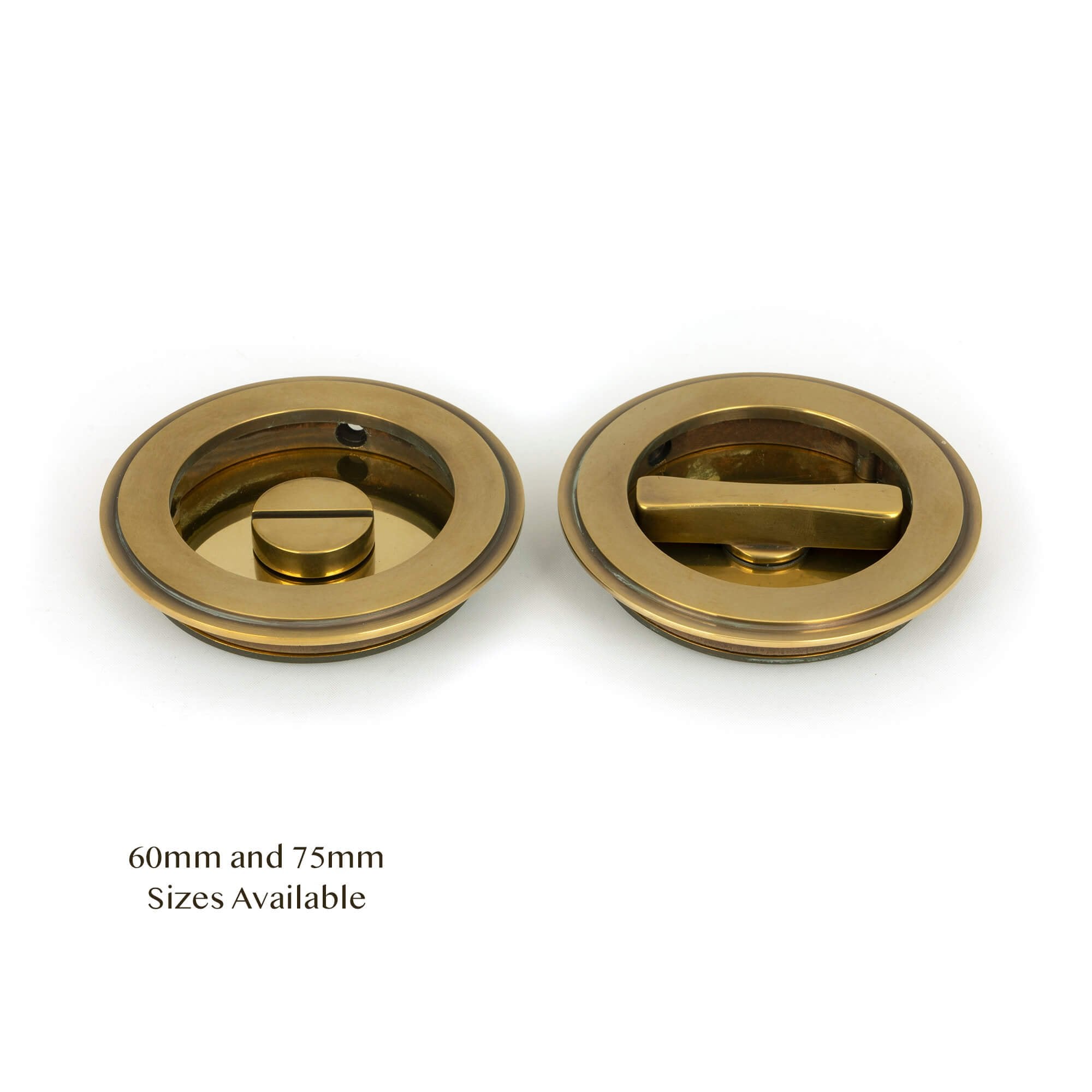 Aged Brass Art Deco Round Sliding Door Pull - Privacy Set