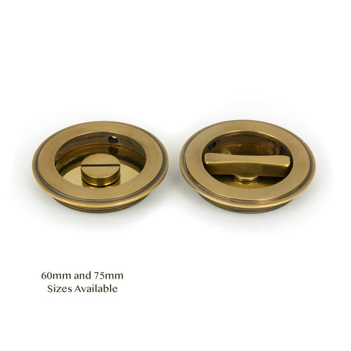 Aged Brass Art Deco Round Sliding Door Pull - Privacy Set