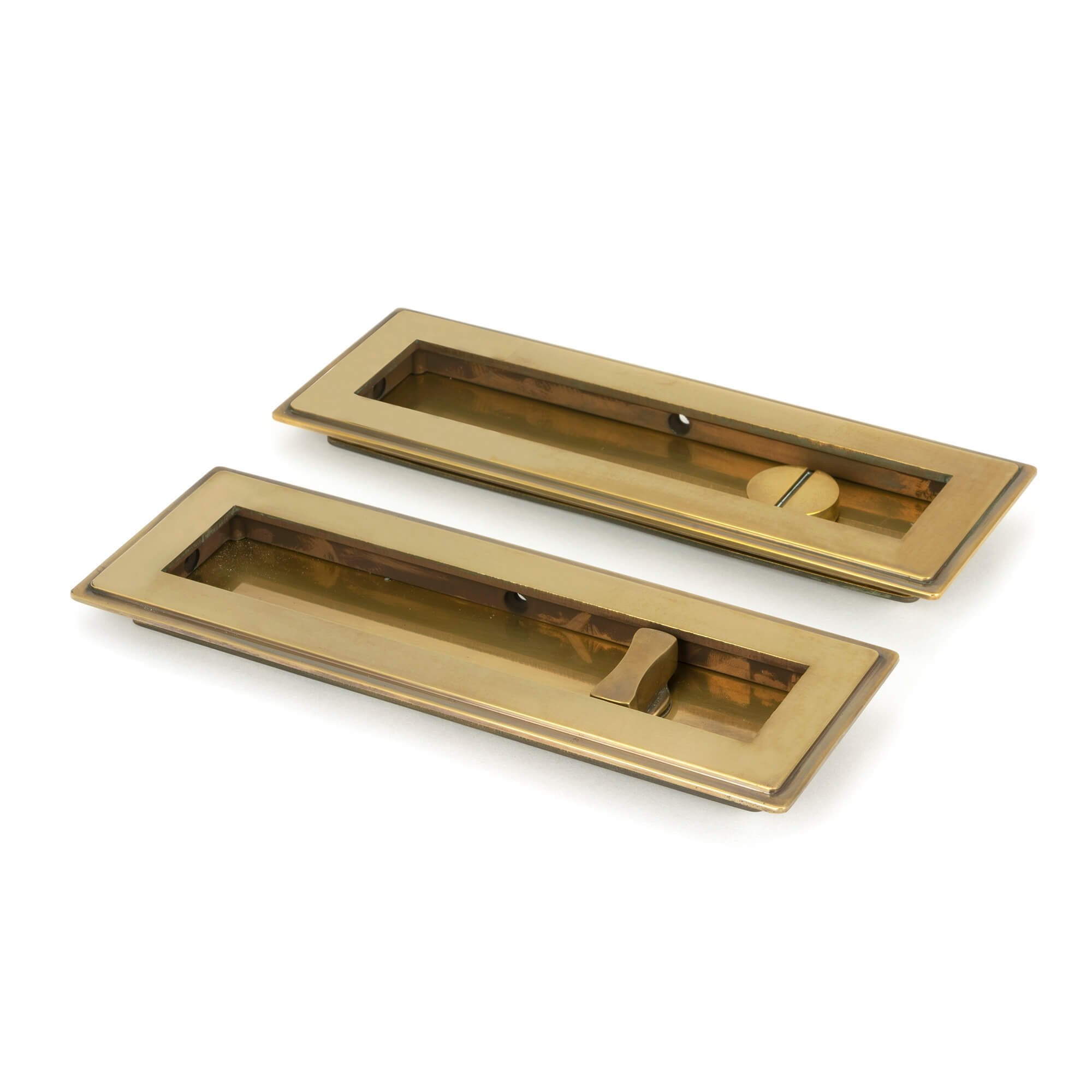 Aged Brass Art Deco Rectangular Sliding Door Pull - Privacy Set