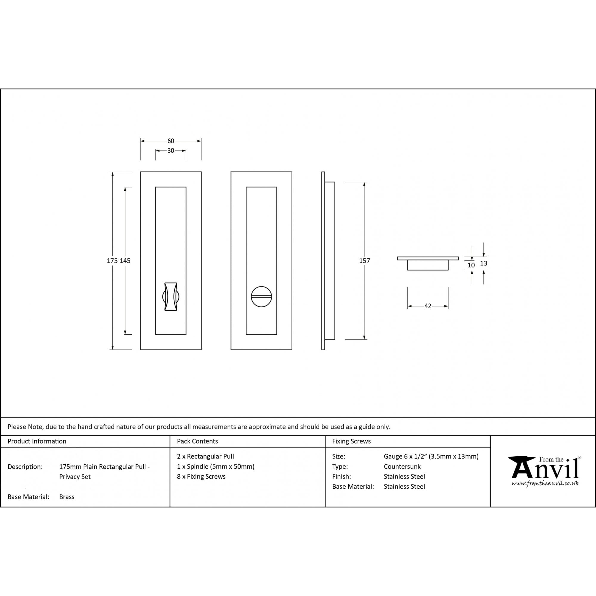 Aged Brass Plain Rectangular Sliding Door Pull - Privacy Set