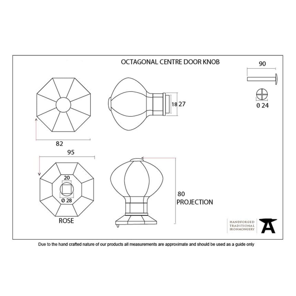 Octagonal Centre Door Knob - Black or Pewter