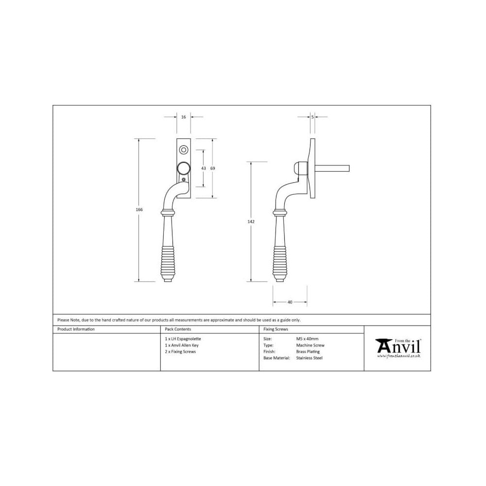 Aged Brass Reeded Espagnolette Fastener