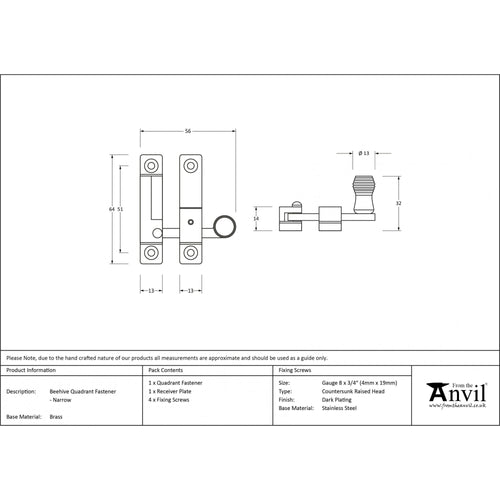 Aged Bronze Beehive Quadrant Sash Fastener - Narrow