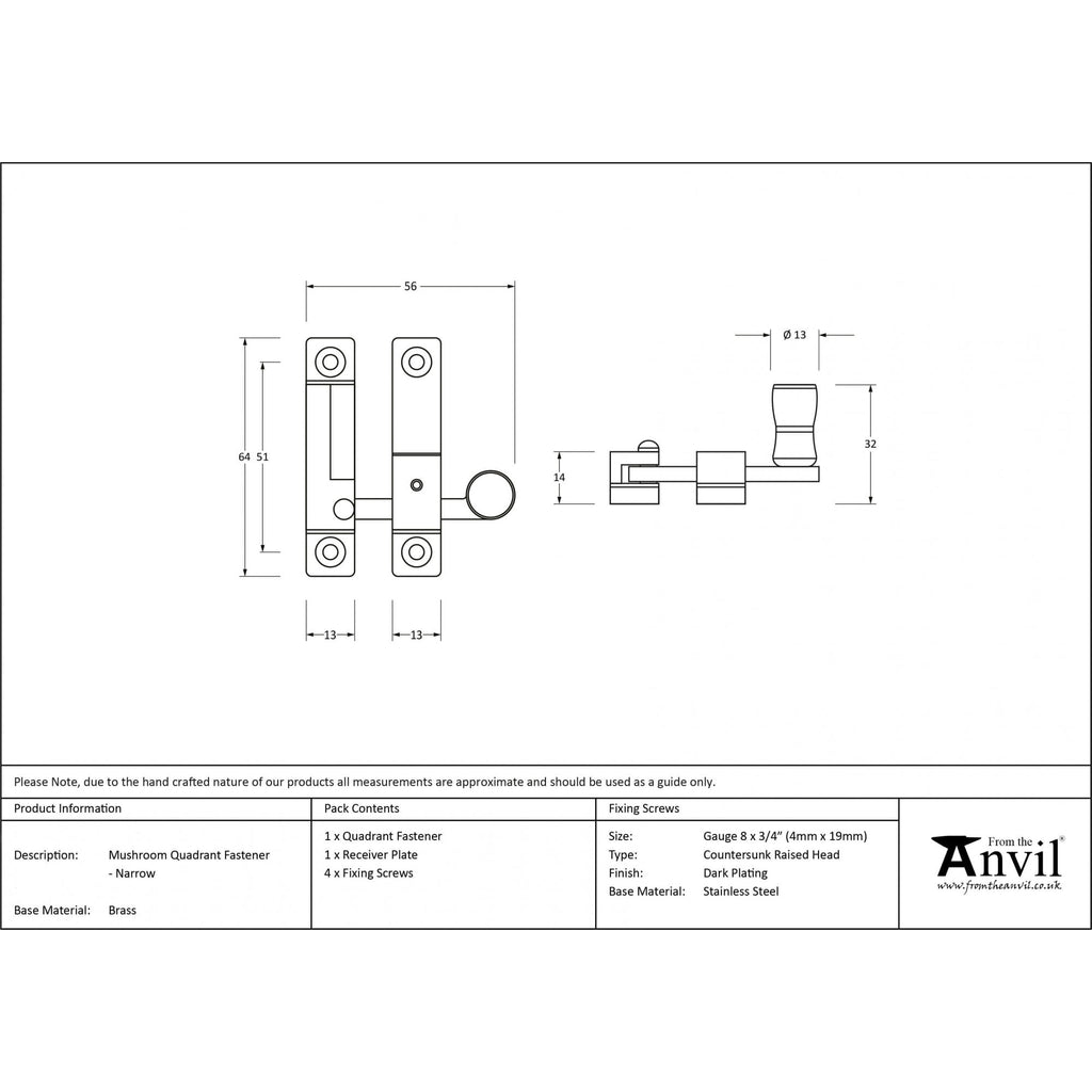 Aged Brass Mushroom Quadrant Sash Fastener - Narrow