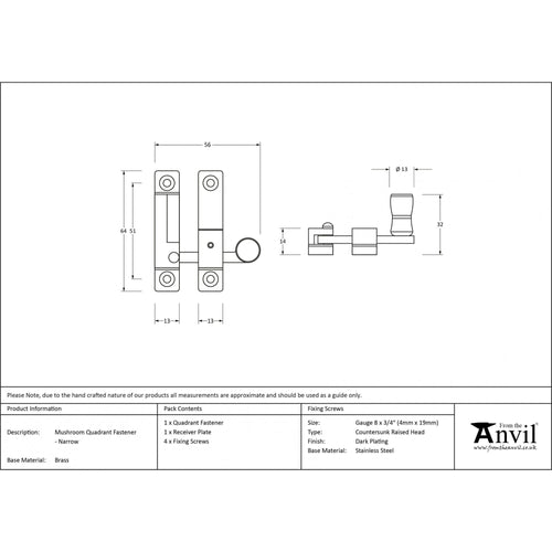 Aged Brass Mushroom Quadrant Sash Fastener - Narrow